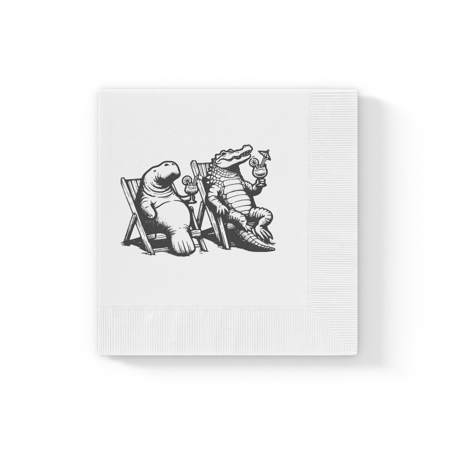 Alligator and Manatee on the Beach White Coined Napkins