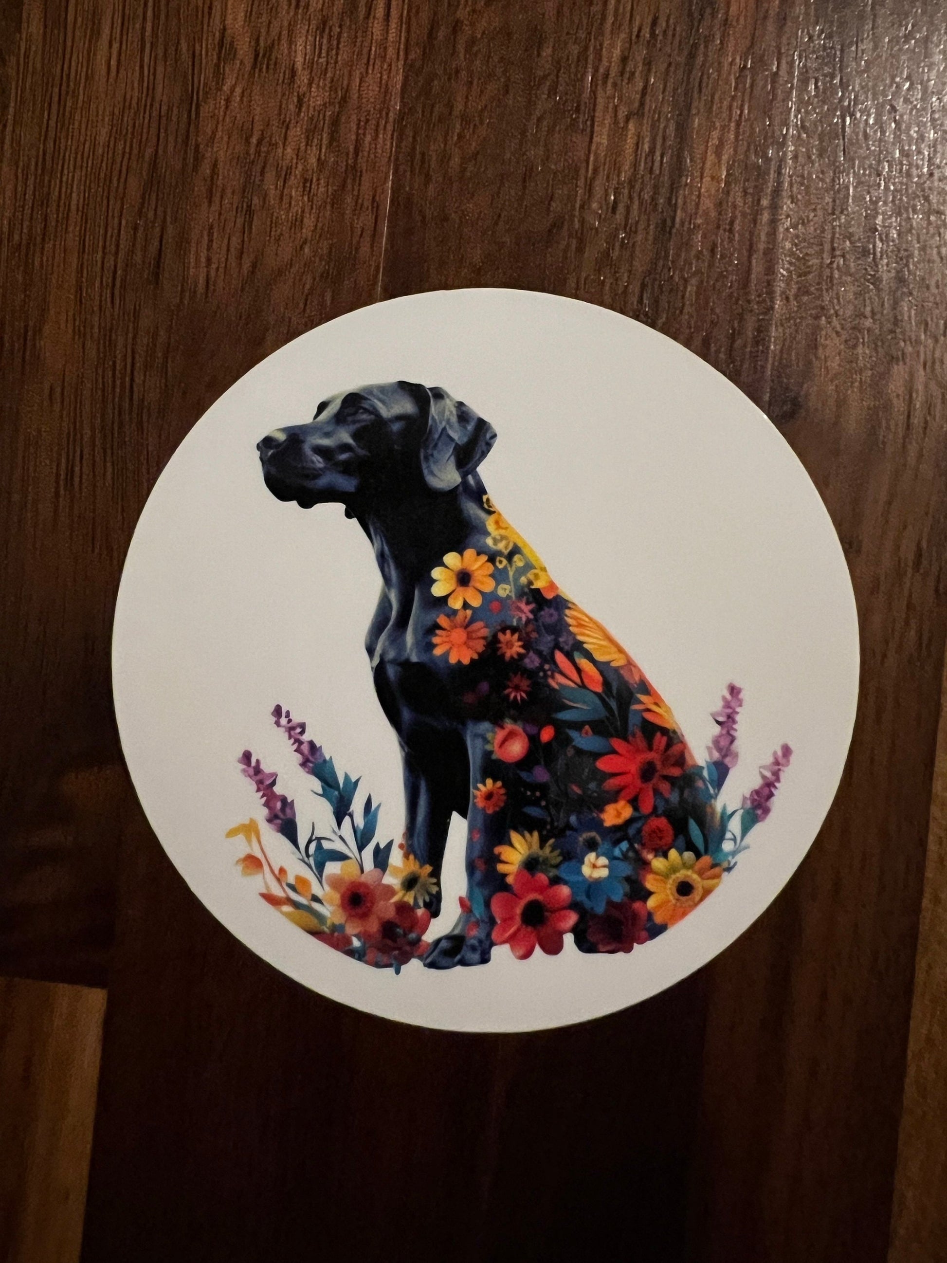 Colorful Dog with Flowers Laminated Vinyl Stickers