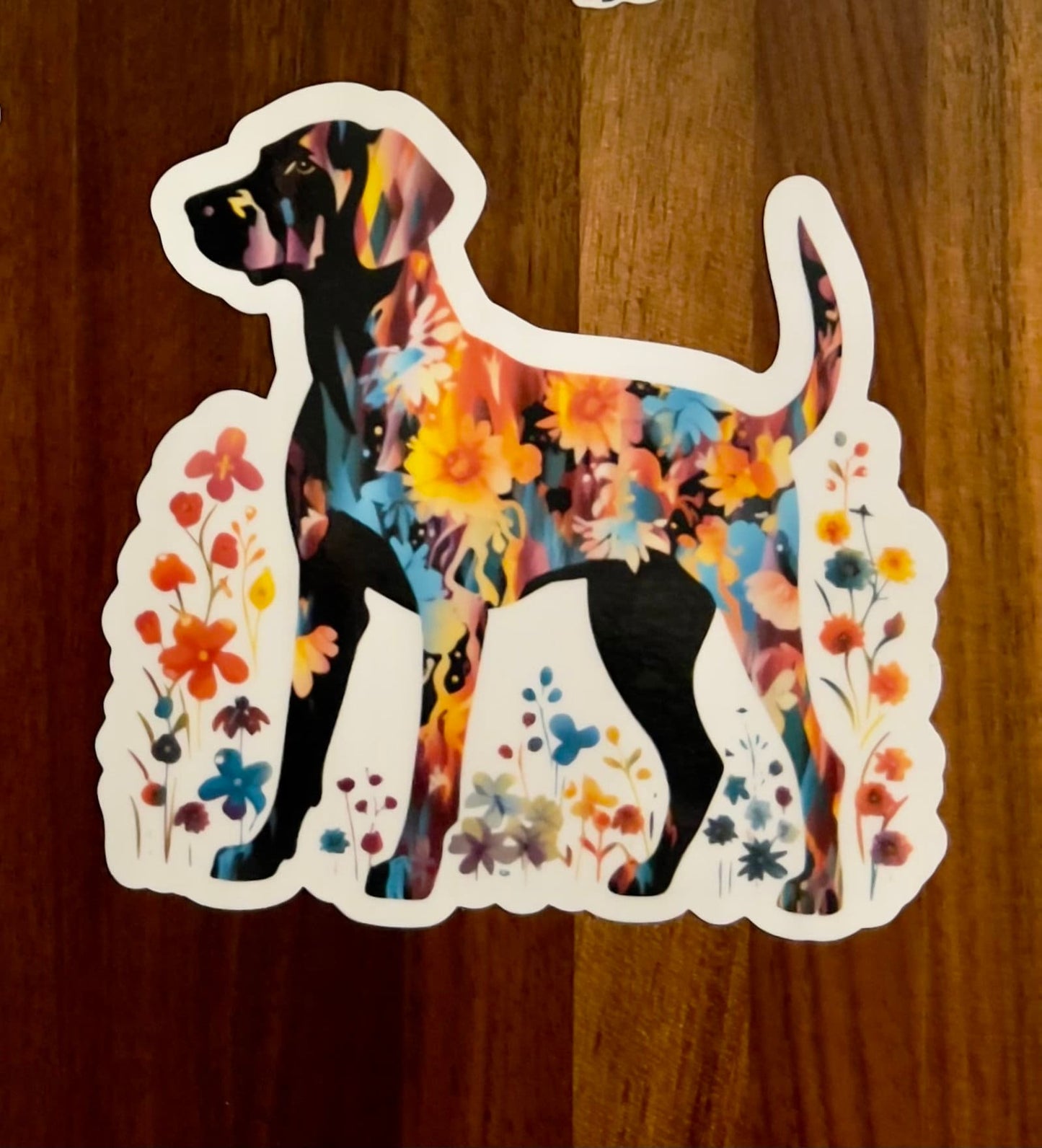 Colorful Dog with Flowers Laminated Vinyl Stickers