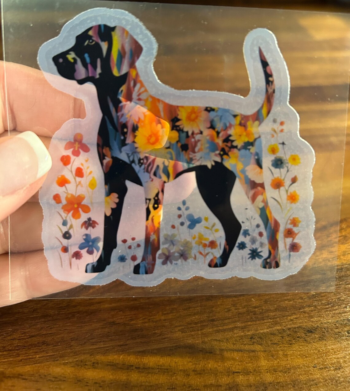 Colorful Dog with Flowers Translucent Vinyl Stickers