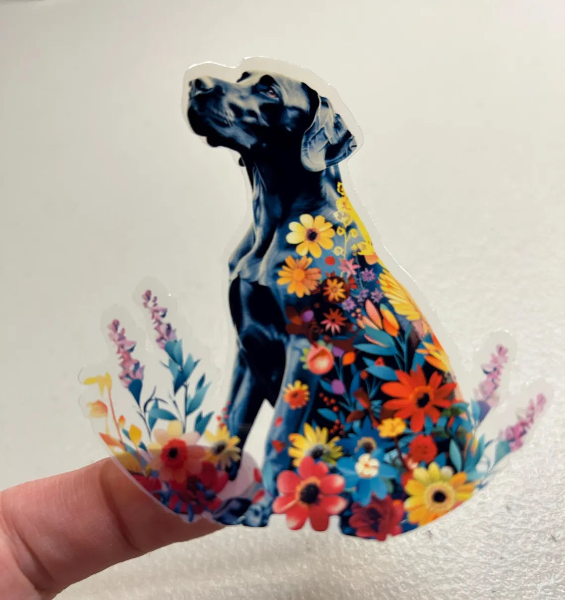 Colorful Dog with Flowers Translucent Vinyl Stickers