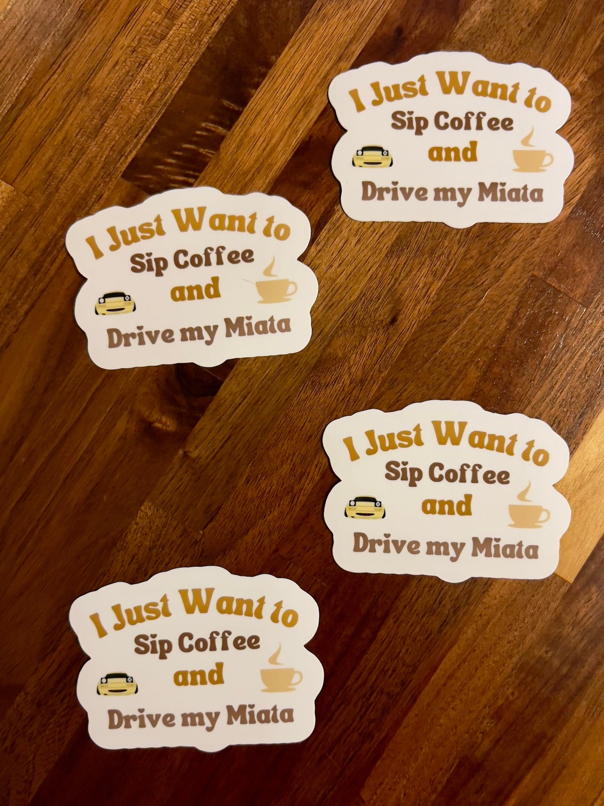 Miatas and Coffee Laminated Vinyl Stickers